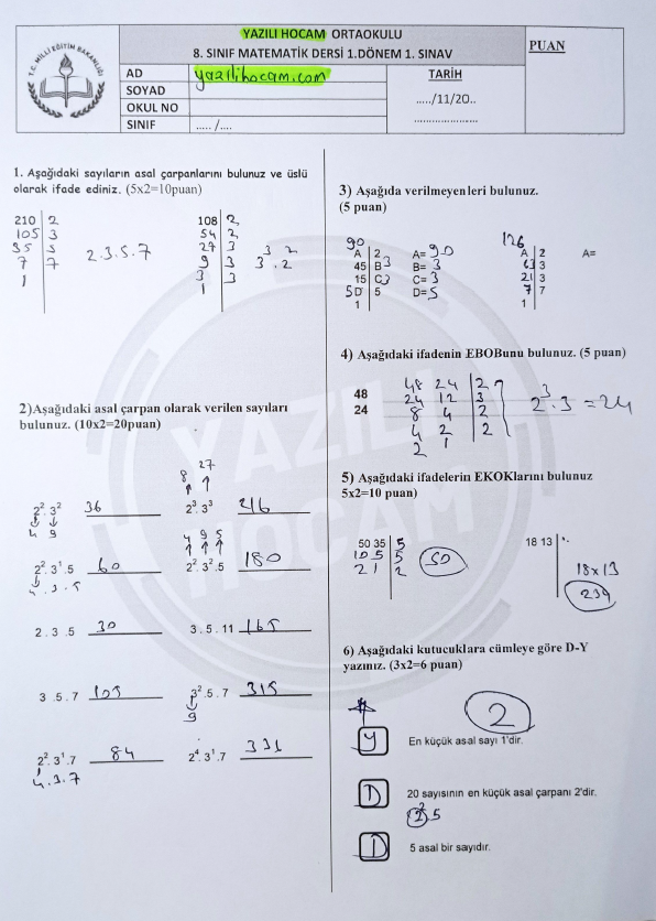 8 Sınıf Matematik 1 Dönem 1 Yazılı Soruları