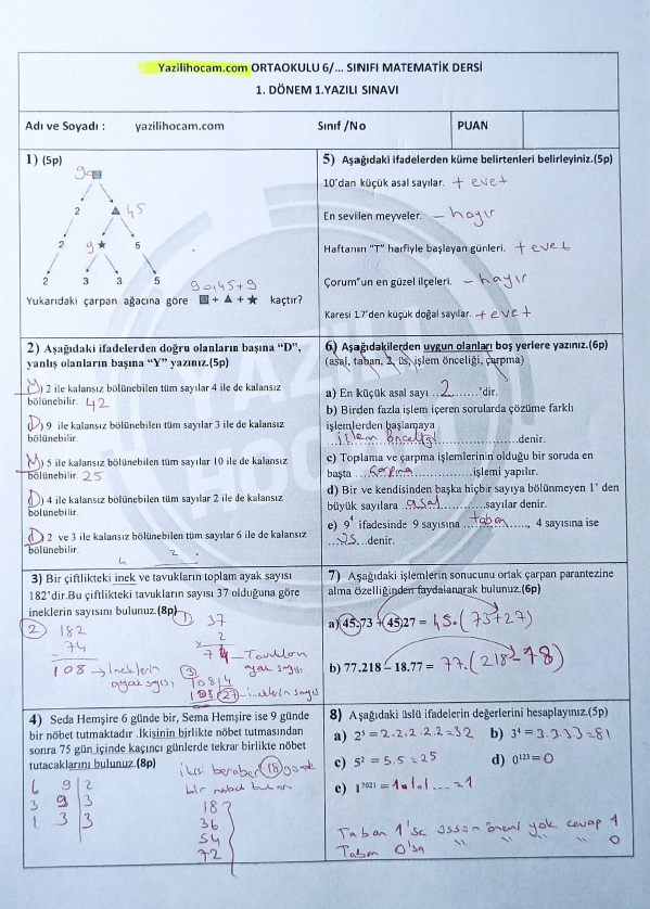 6 Sınıf Matematik 1 Dönem 1 Yazılı Soruları