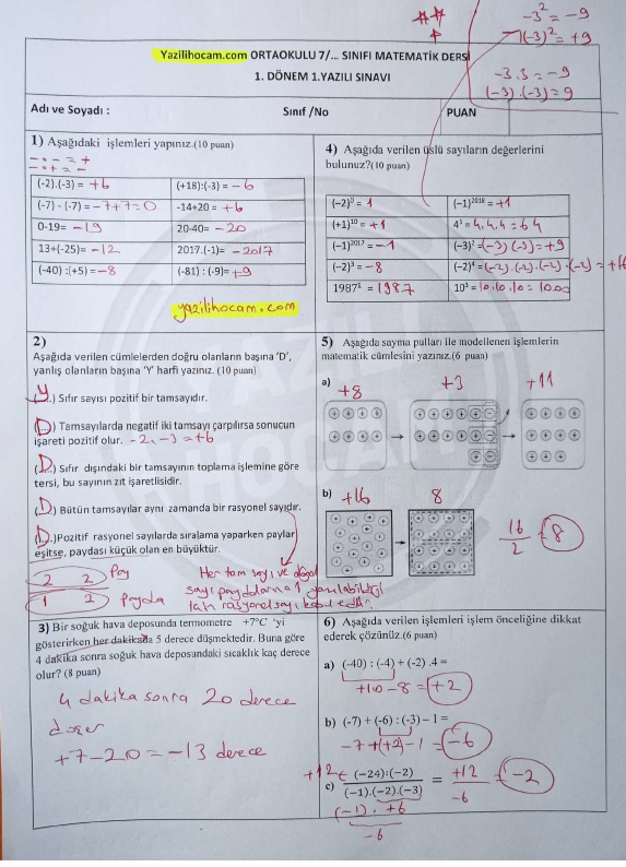 7 sınıf çalışma soruları matematik 1 ünite